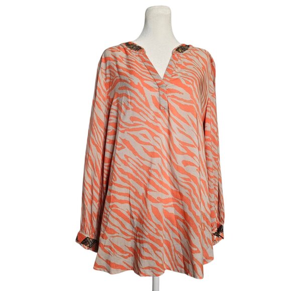 Chico's Embellished Neck Tunic Women's SZ 2P 12/14 Large Zebra Nectarine Blouse - Picture 3 of 14